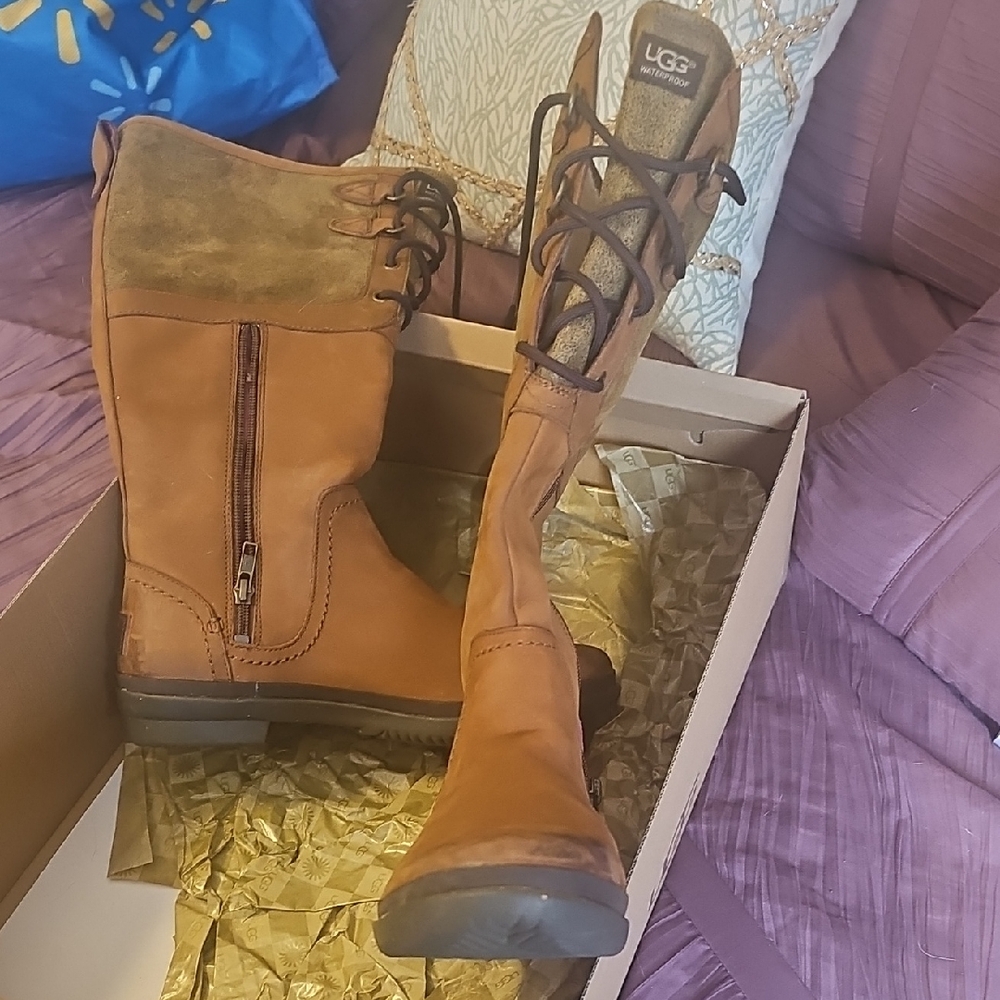 UGG Waterproof Tan Leather Lace-Up Boots